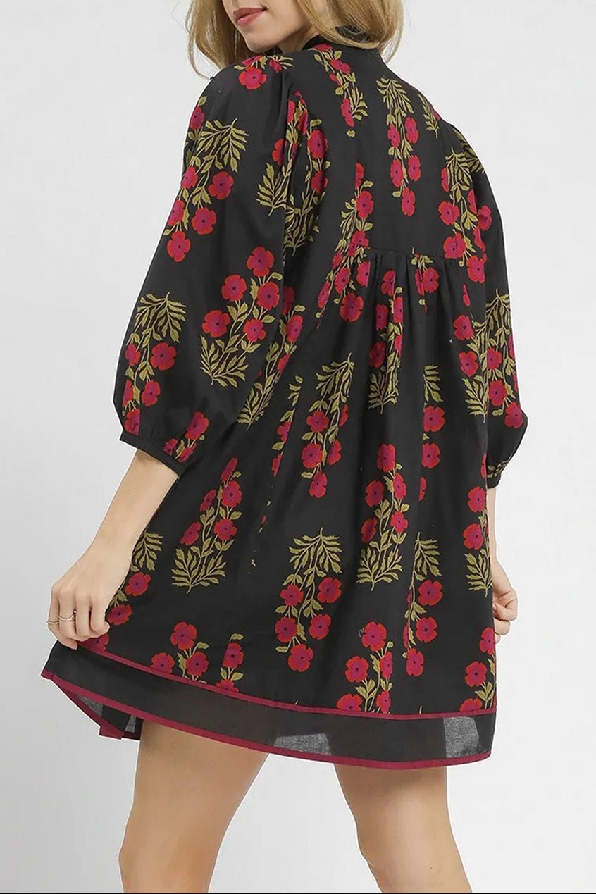 Floral Notch Neck Piping Trim Babydoll Dress