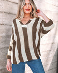 Colorblock Stripe V-Neck 3/4 Sleeve Sweater