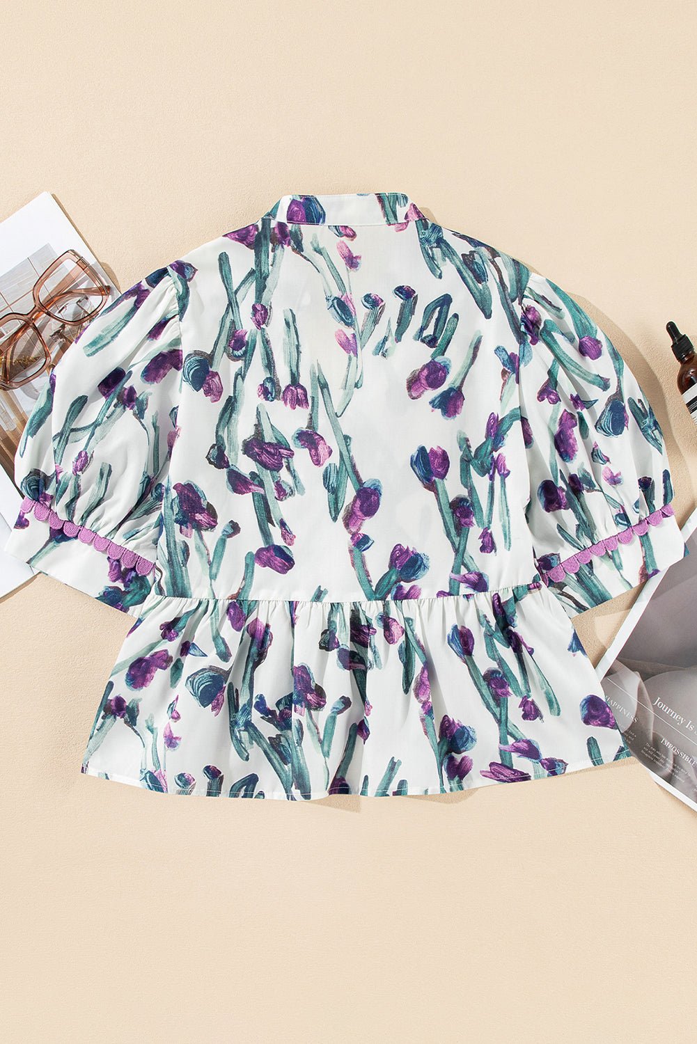 Floral Ricrac Trim Short Sleeve Peplum Top