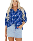 Floral 3/4 Sleeve Notched Neck Blouse