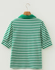 Stripe Collared V-Neck Short Puff Sleeve Top
