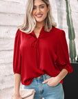 Solid Frilled Bow Tie V-Neck 3/4 Sleeve Blouse
