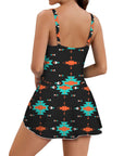 Baha Ranch Turquoise Orange Aztec Skirted Swimsuit