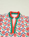 Floral Stripe Detail V-Neck Ruffle Sleeve Blouse