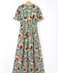 Floral Frilled V-Neck Short Sleeve Maxi Dress