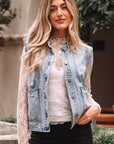 Denim Button-Front Scallop Trim Patch Pocket Vest