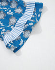 Floral Stripe Trim Tie-Neck Short Sleeve Blouse