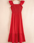 Solid V-Neck Flutter Sleeve Ruffle Maxi Dress