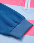 Blue Stripe Colorblock Patchwork Zip up Plus Size Pullover