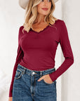 Lace Trim Ruched V-Neck Long Sleeve Top