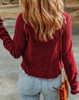 Solid Waffle Knit Round Neck Long Sleeve Top