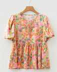 Flower Split V-Neck Short Sleeve Blouse