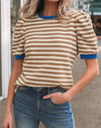 Stripe Contrast Trim Short Puff Sleeve Tee