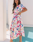 Abstract Short Puff Sleeve Tiered Maxi Dress