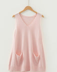 Solid Ribbed Trim Deep V-Neck Sleeveless Tunic Sweater