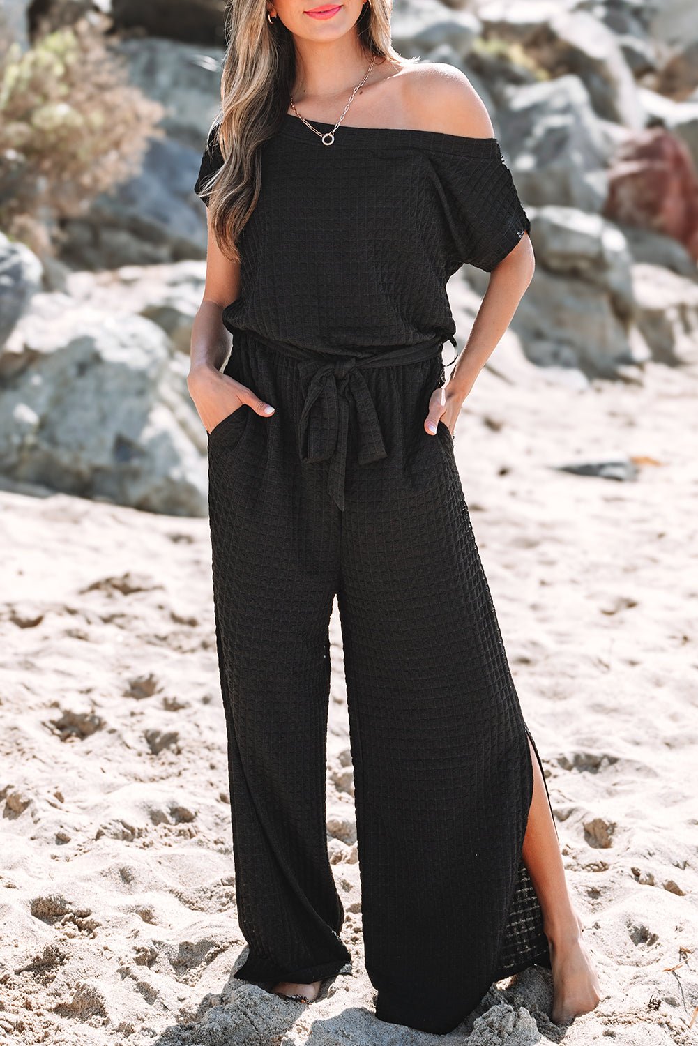 Georgina Checkered Mesh One Shoulder Short Sleeve Jumpsuit