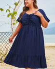 Plus Size Ruched Lace-Up Short Sleeve Midi Dress