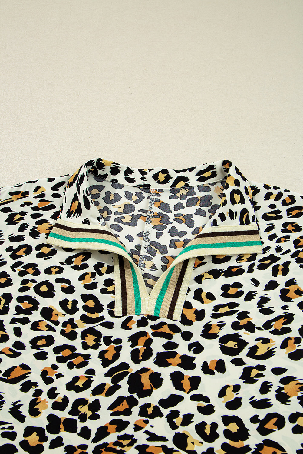 Leopard Contrast Stripe V-Neck Long Sleeve Blouse