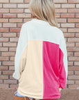 Colorblock Collared Ribbed Patchwork Pocketed Sweatshirt