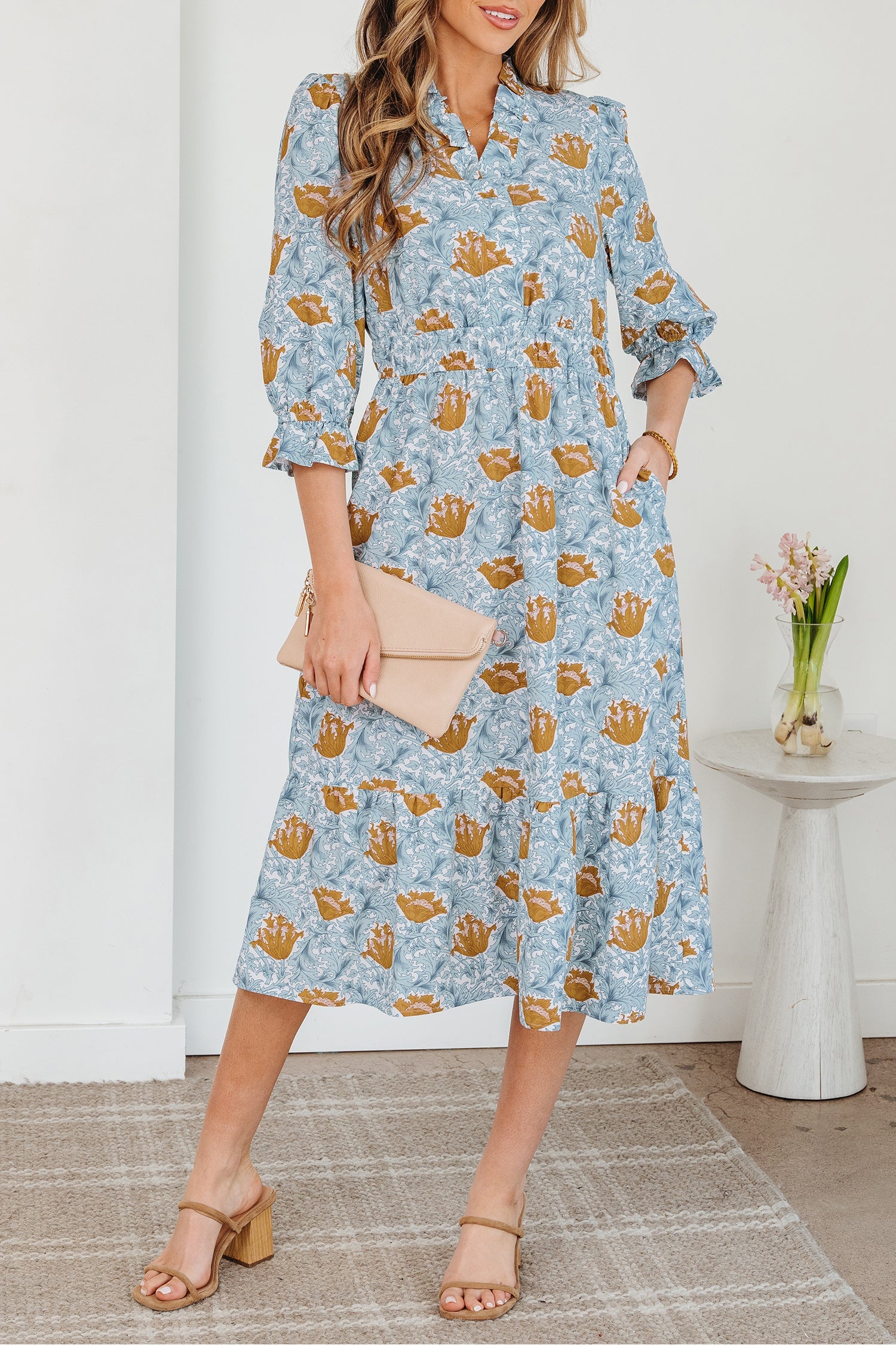 Floral Frilled V-Neck 3/4 Sleeve Midi Dress