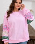 Plus Size Floral Patch Sleeve Ribbed Trim Sweatshirt