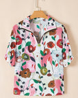 Floral Slit V-Neck Short Sleeve Blouse