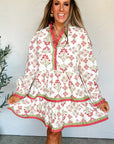 Floral Contrast Trim Frilled Neck Dress