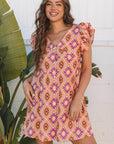 Geometric Floral V-Neck Button-Front Mini Dress