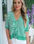 Stripe Bow Tie V-Neck Short Sleeve Sweater