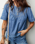 Denim Pleated Half Buttoned Short Sleeve Top