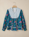 Floral Stripe Patchwork Long Puff Sleeve Blouse