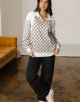 Checker Ribbed Patchwork Quarter Zip Sweatshirt