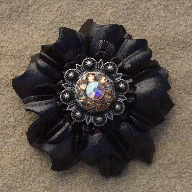 Black Carnation Flower With Antique Silver Champagne &amp; AB 1" Concho