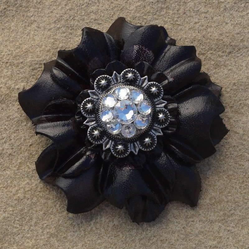 Black Carnation Flower With Antique Silver Clear 1" Concho