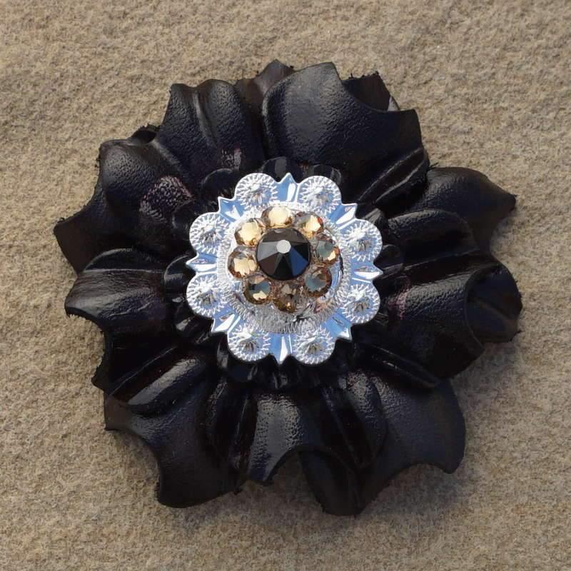 Black Carnation Flower With Bright Silver Jet &amp; Champagne 1" Concho
