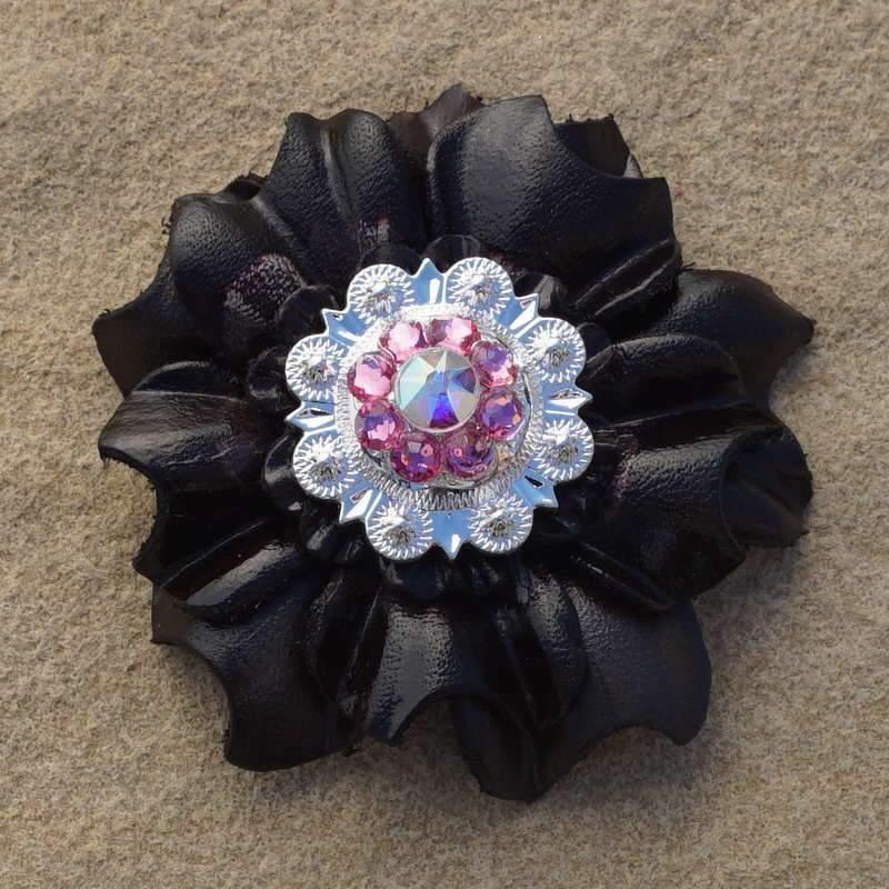 Black Carnation Flower With Bright Silver Pink &amp; AB 1" Concho