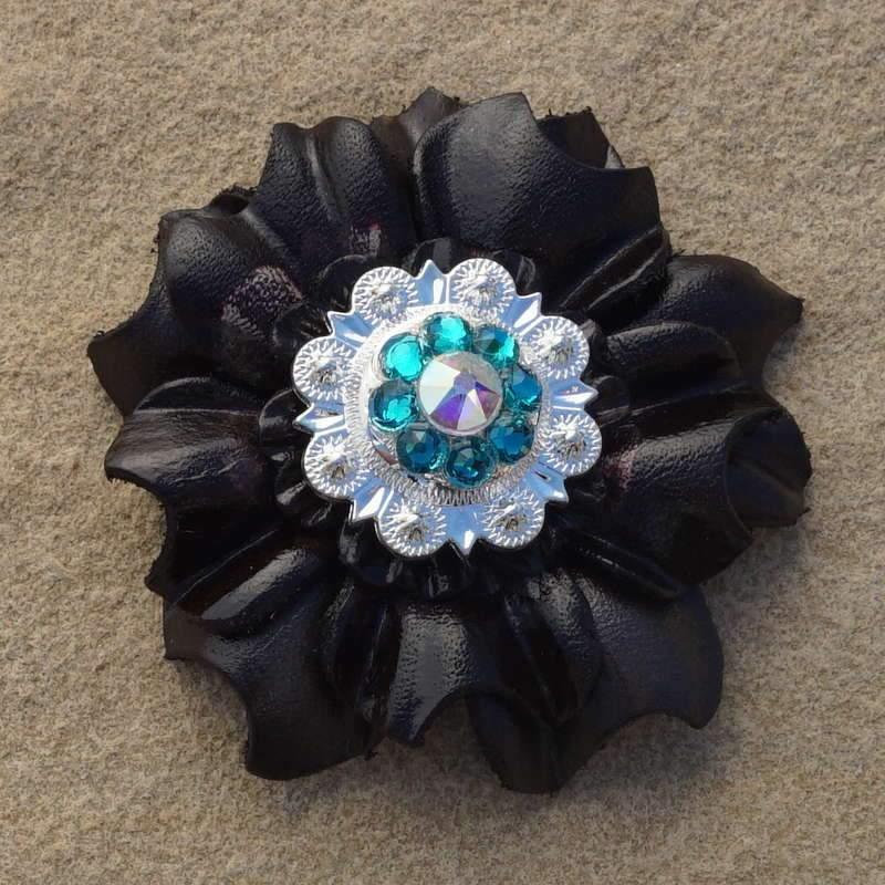 Black Carnation Flower With Bright Silver Teal &amp; AB 1" Concho