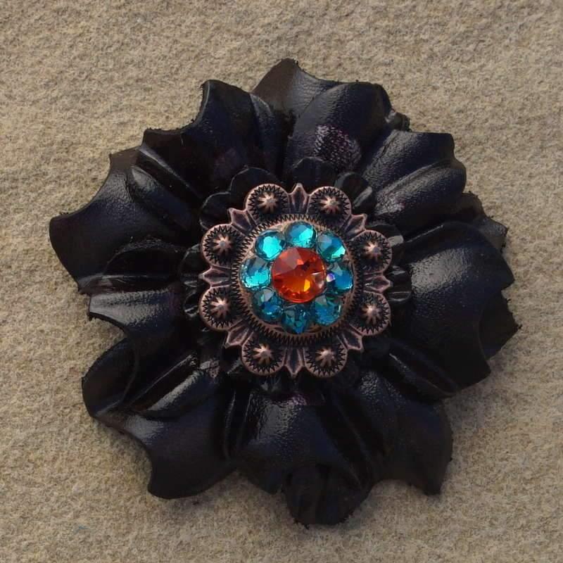 Black Carnation Flower With Copper Fire Opal &amp; Teal 1" Concho