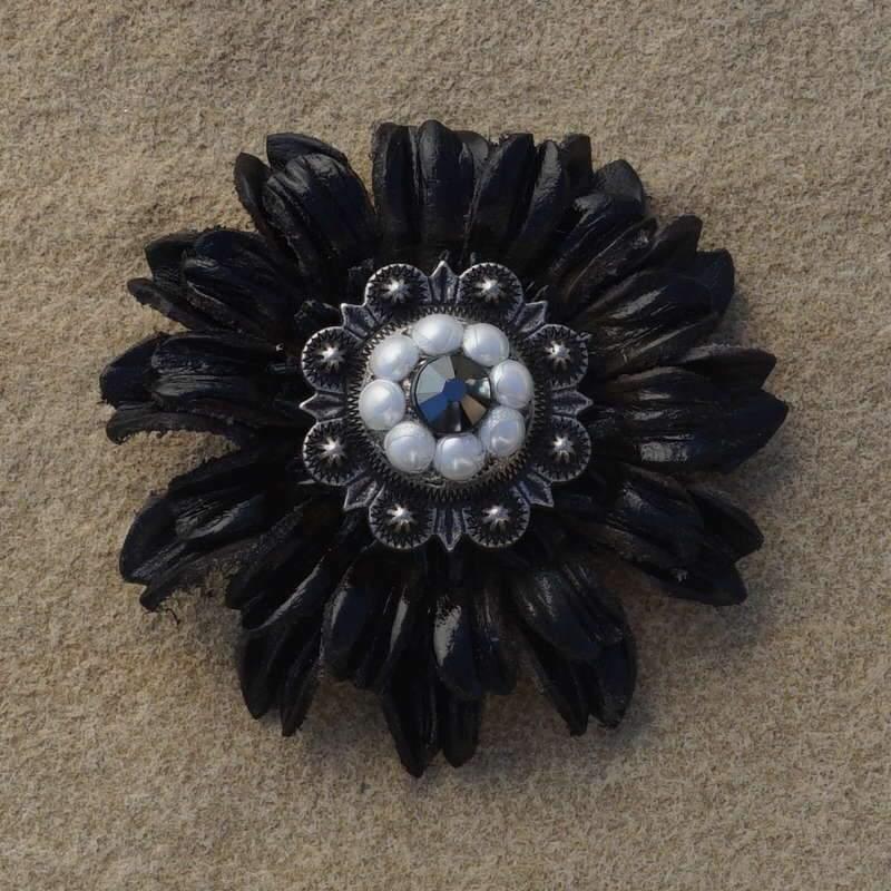 Black Daisy Flower With Antique Silver Jet &amp; Pearl 1" Concho