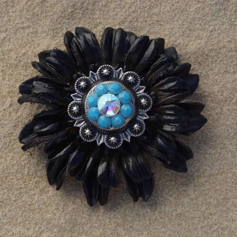 Black Daisy Flower With Antique Silver Turquoise &amp; AB 1" Concho