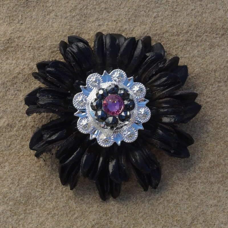 Black Daisy Flower With Bright Silver Pink &amp; Jet 1" Concho