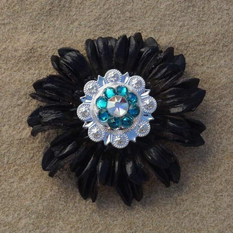Black Daisy Flower With Bright Silver Teal &amp; AB 1" Concho