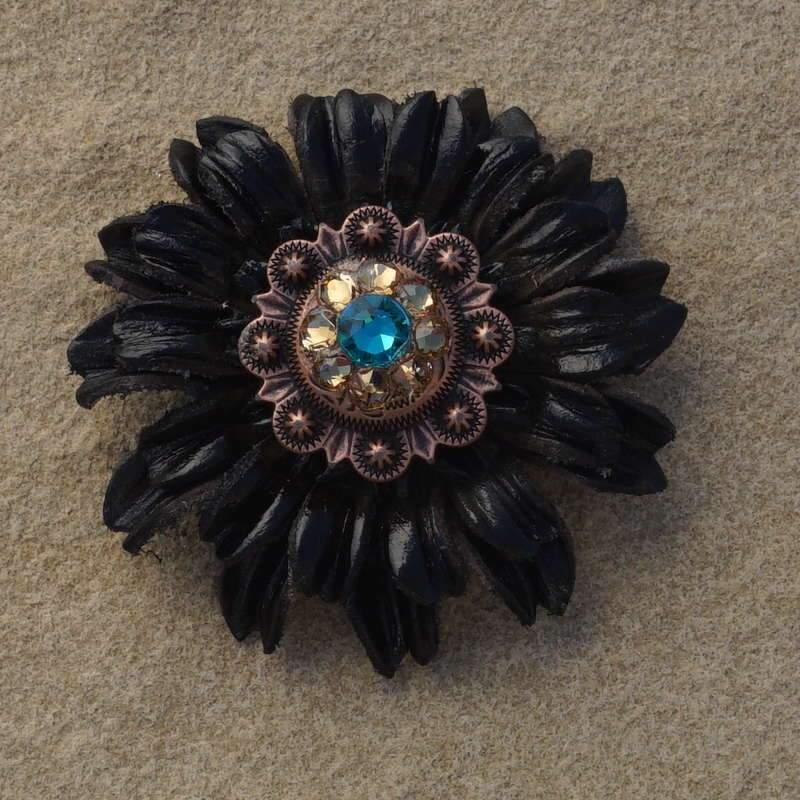 Black Daisy Flower With Copper Topaz &amp; Champagne 1" Concho