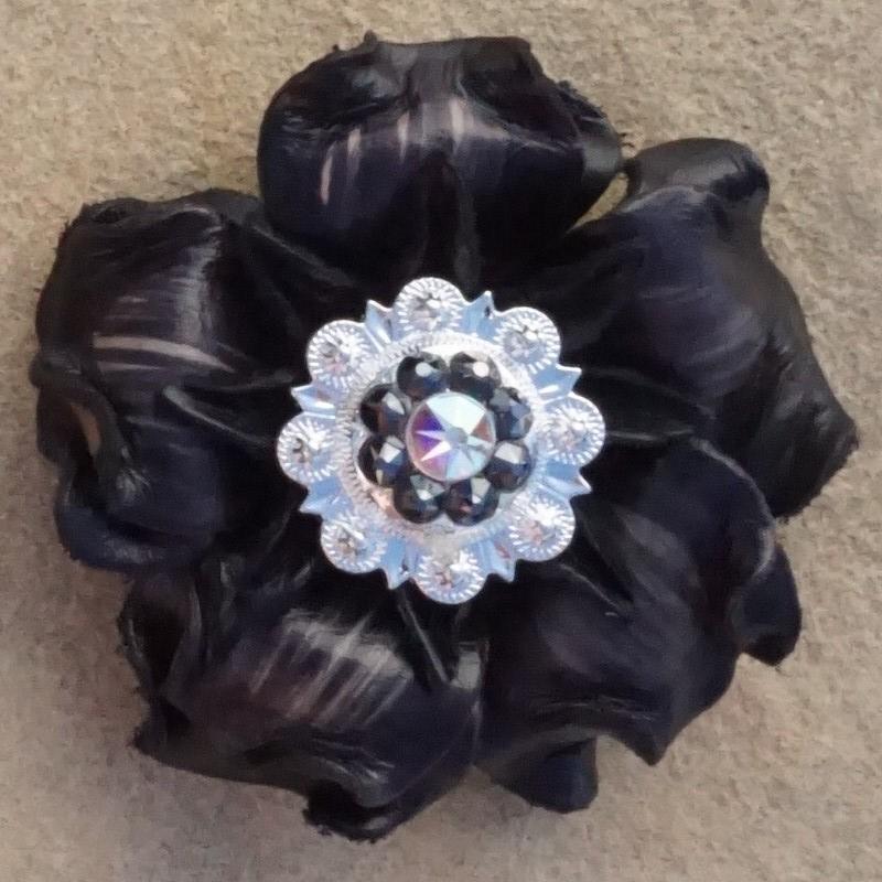 Black Gardenia Flower With Bright Silver Jet &amp; AB 1" Concho