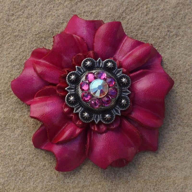 Hot Pink Carnation Flower With Antique Silver Fuchsia &amp; AB 1" Concho