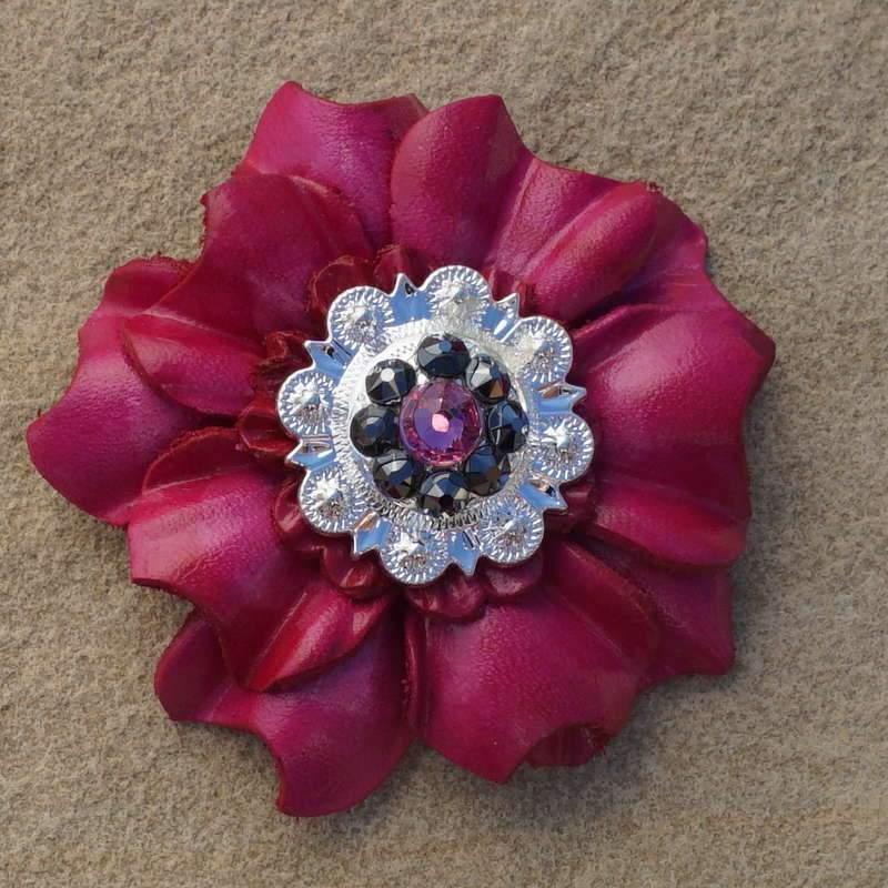 Hot Pink Carnation Flower With Bright Silver Pink &amp; Jet 1" Concho