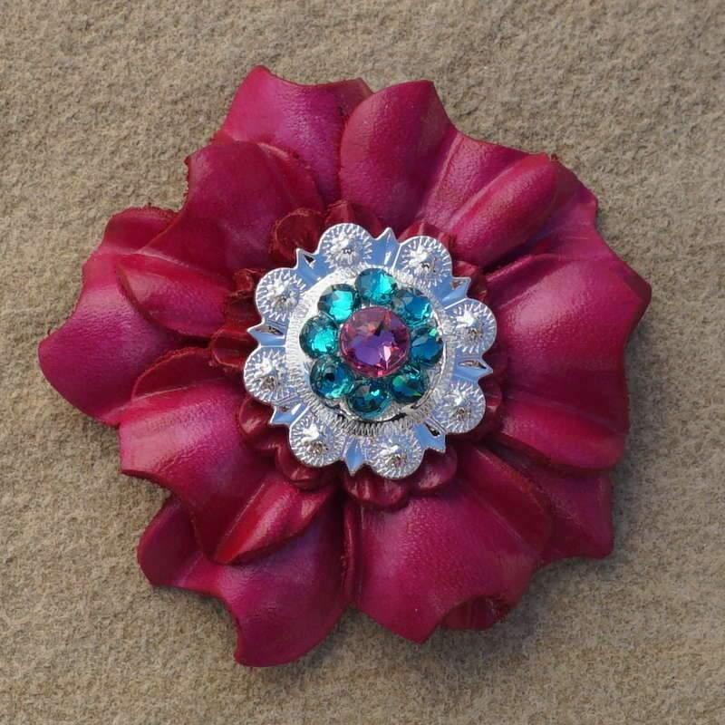 Hot Pink Carnation Flower With Bright Silver Pink &amp; Teal 1" Concho