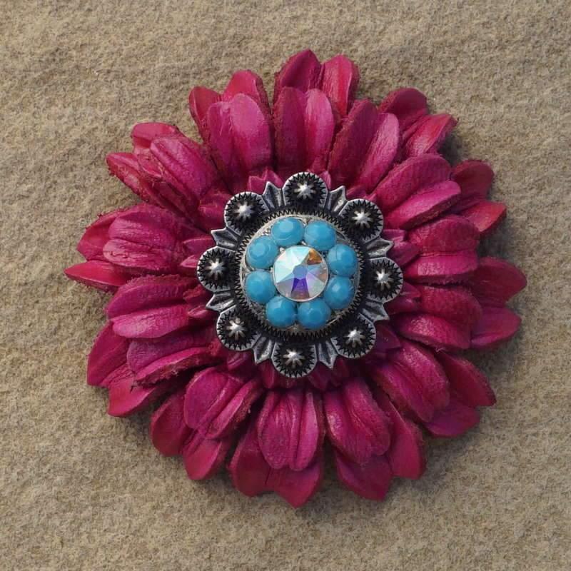 Hot Pink Daisy Flower With Antique Silver Turquoise &amp; AB 1" Concho