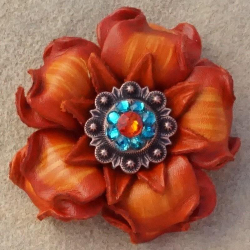 Orange Gardenia Flower With Copper Fire Opal &amp; Teal 1" Concho