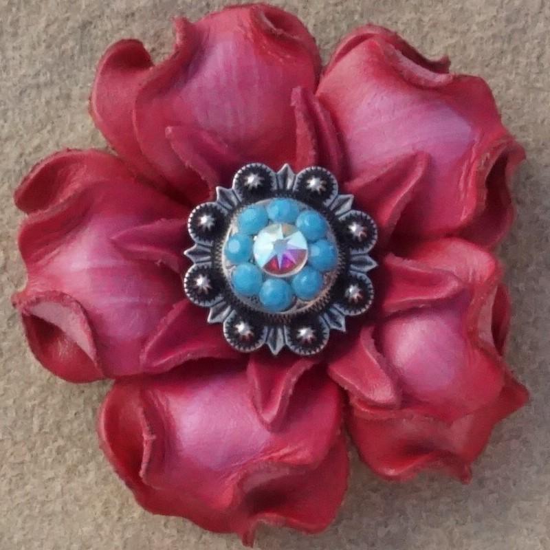 Pink Gardenia Flower With Antique Silver Turquoise &amp; AB 1" Concho